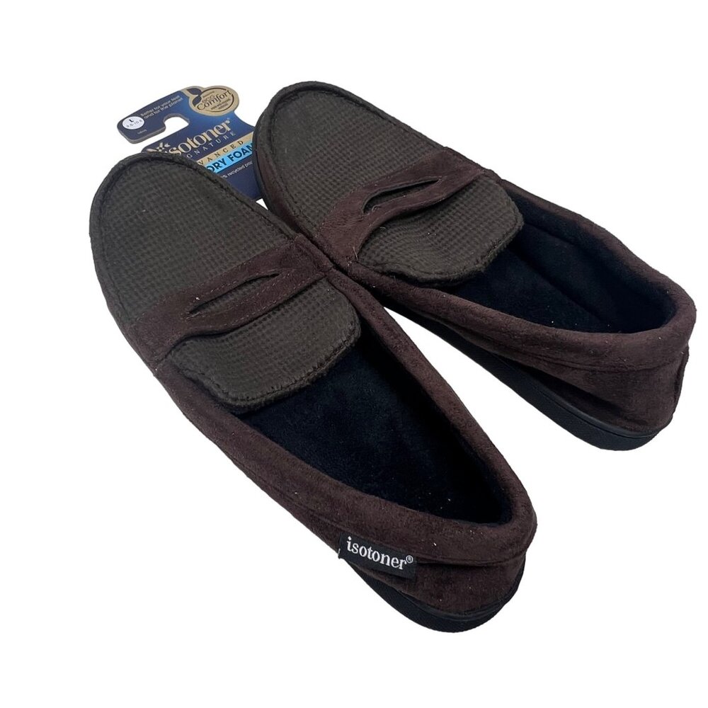Isotoner Mens Slippers Size Large 9.5-10.5 Coffee Brown Memory Foam Durable Sole